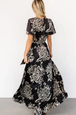 Baltic Born Agnes Satin Maxi Dress | Black + Cream Floral