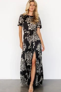 Baltic Born Agnes Satin Maxi Dress | Black + Cream Floral