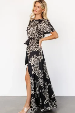 Baltic Born Agnes Satin Maxi Dress | Black + Cream Floral