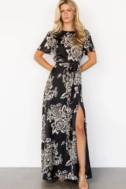 Baltic Born Agnes Satin Maxi Dress | Black + Cream Floral