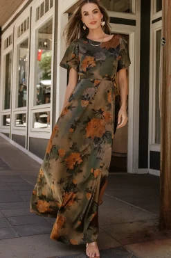 Baltic Born Agnes Satin Maxi Dress | Olive Floral