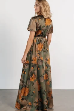 Baltic Born Agnes Satin Maxi Dress | Olive Floral