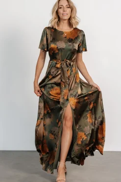 Baltic Born Agnes Satin Maxi Dress | Olive Floral