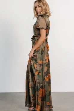 Baltic Born Agnes Satin Maxi Dress | Olive Floral