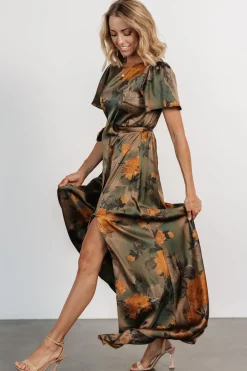 Baltic Born Agnes Satin Maxi Dress | Olive Floral