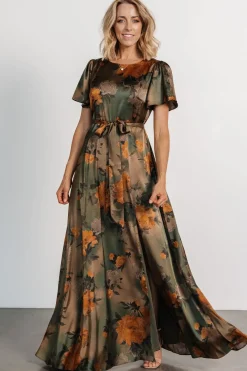 Baltic Born Agnes Satin Maxi Dress | Olive Floral