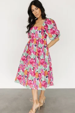 Baltic Born Aimee Puff Sleeve Midi Dress | Pink Multi