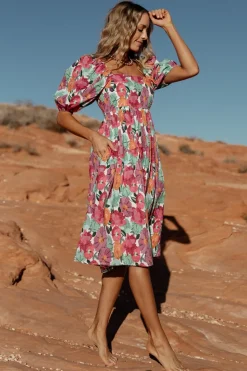 Baltic Born Aimee Puff Sleeve Midi Dress | Pink Multi