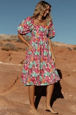 Baltic Born Aimee Puff Sleeve Midi Dress | Pink Multi