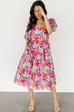 Baltic Born Aimee Puff Sleeve Midi Dress | Pink Multi