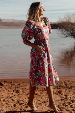 Baltic Born Aimee Puff Sleeve Midi Dress | Pink Multi