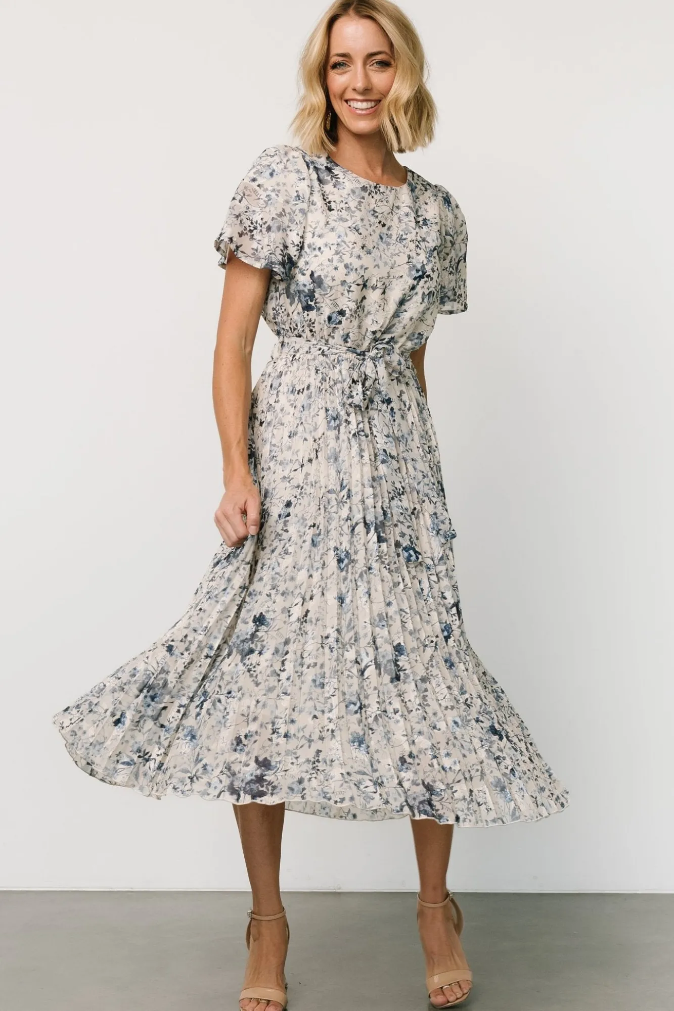 Baltic Born Alexandra Pleated Dress | Off White + Blue