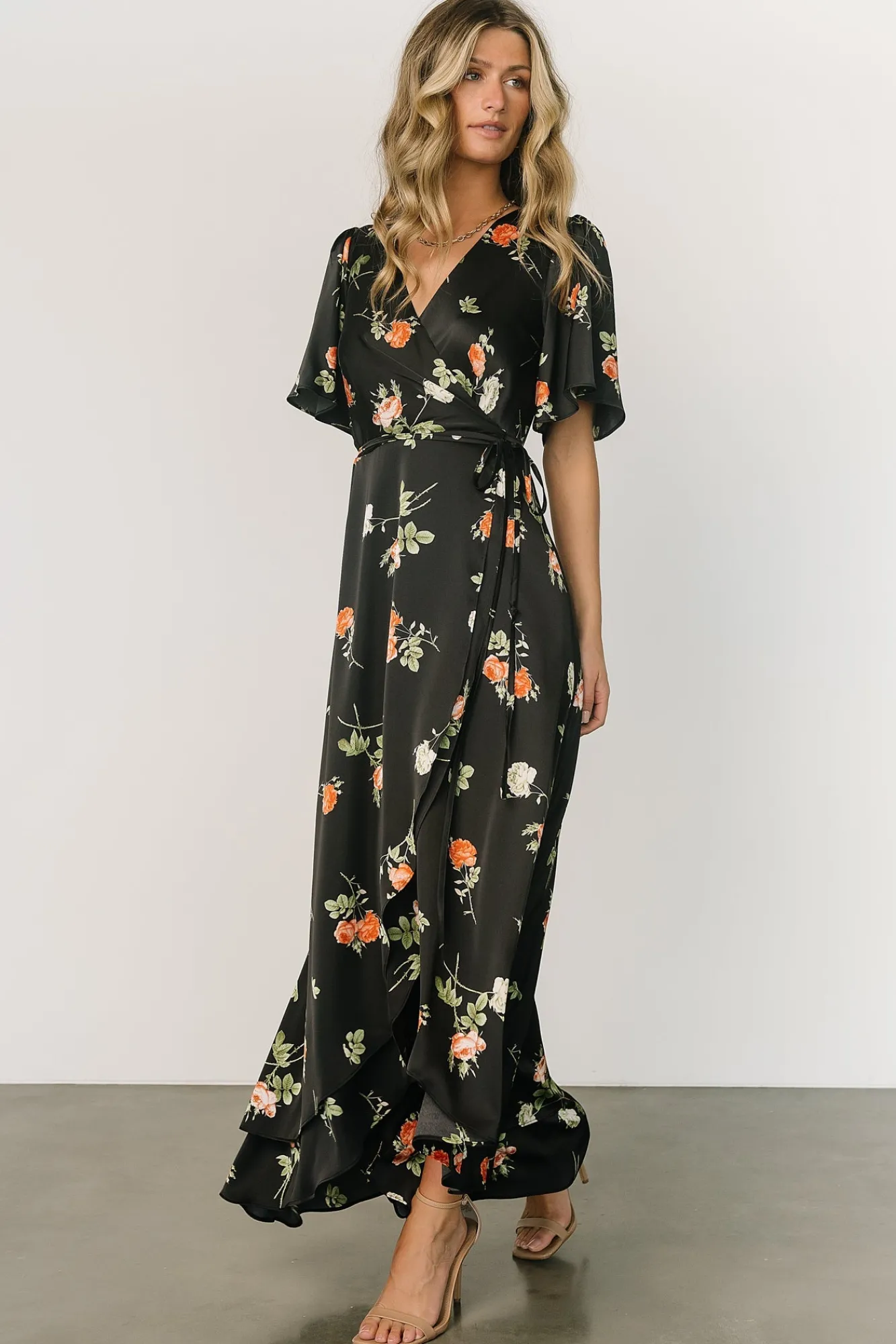 Baltic Born Amara Wrap Dress | Black + Coral Floral