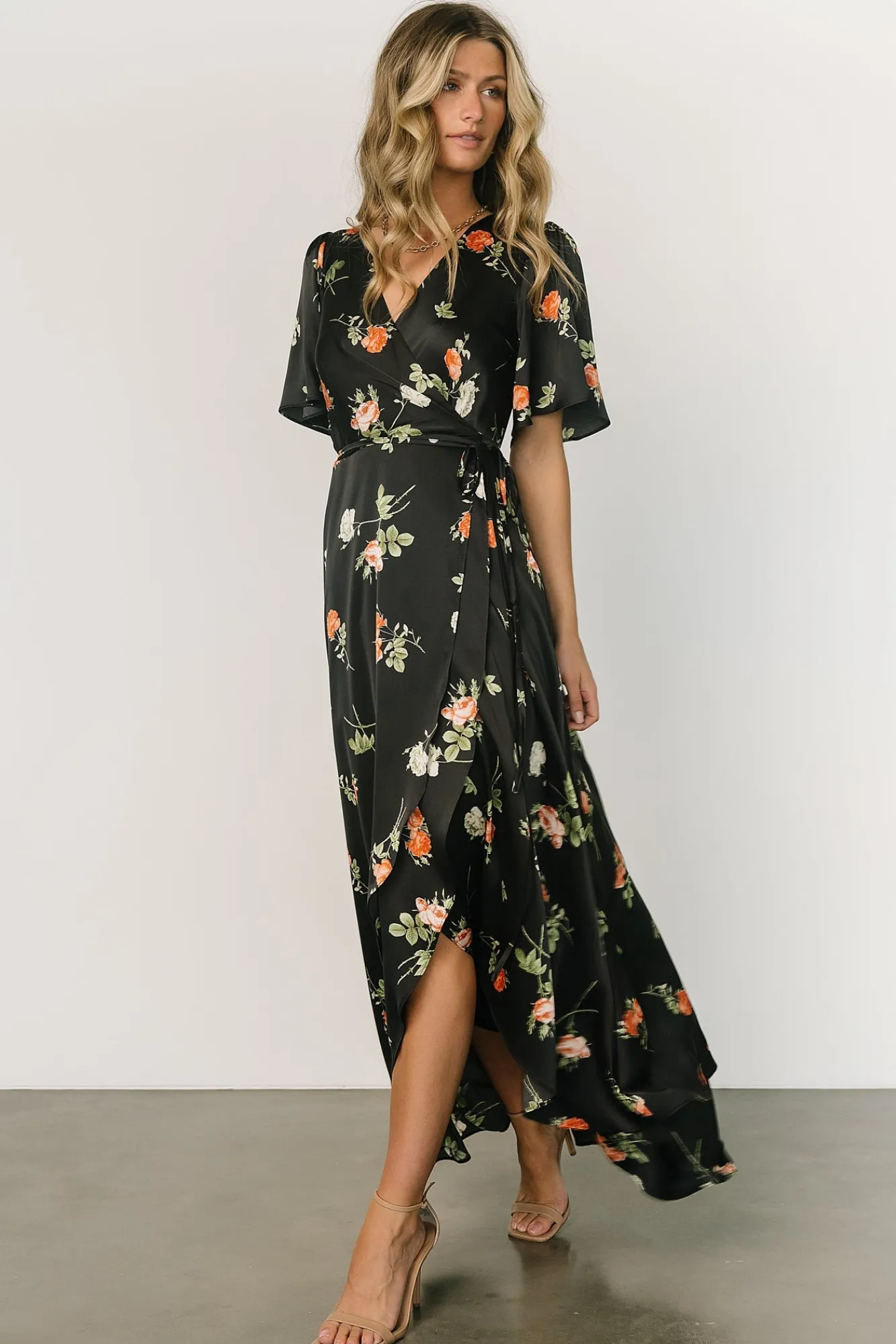Baltic Born Amara Wrap Dress | Black + Coral Floral