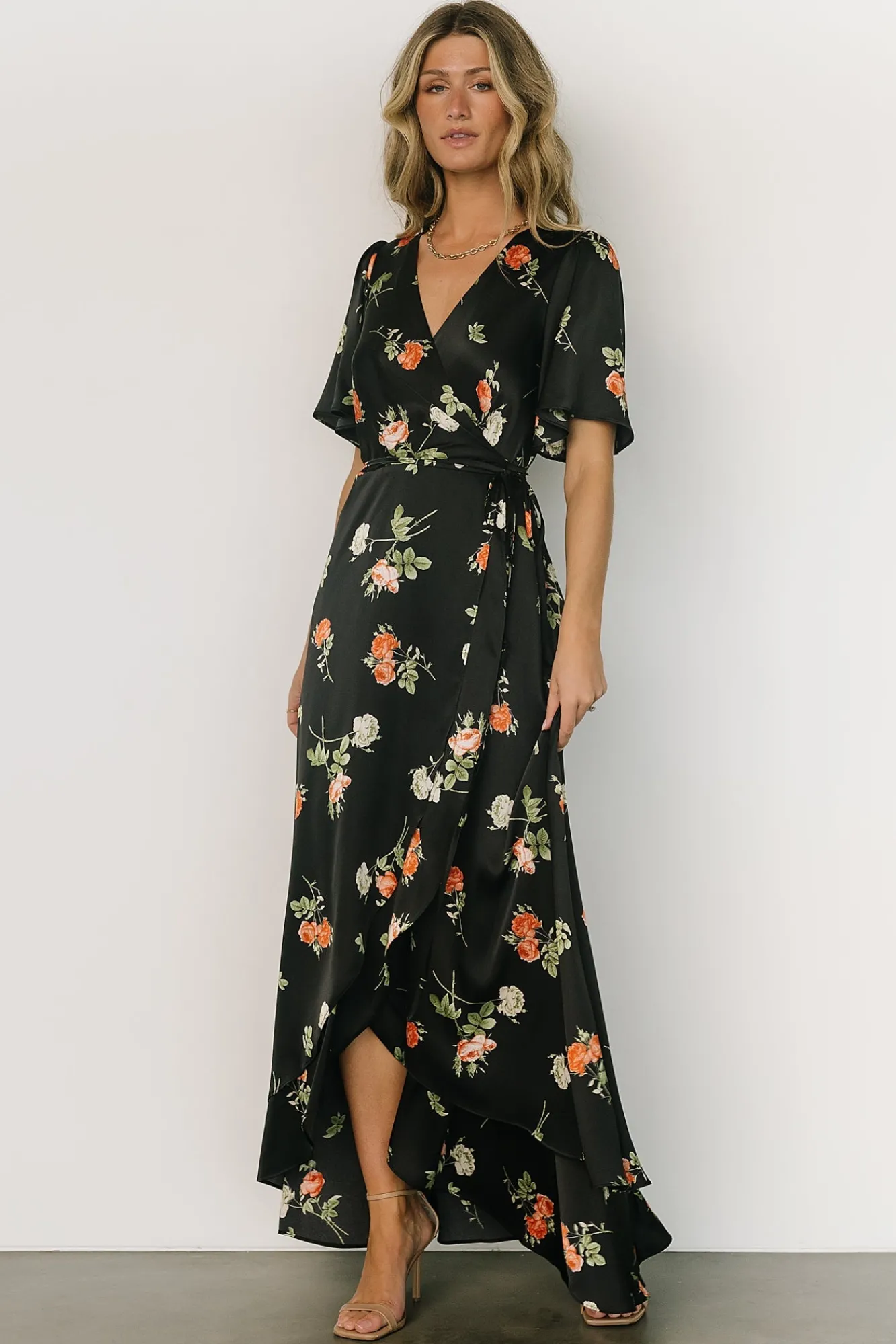 Baltic Born Amara Wrap Dress | Black + Coral Floral