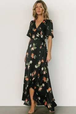 Baltic Born Amara Wrap Dress | Black + Coral Floral