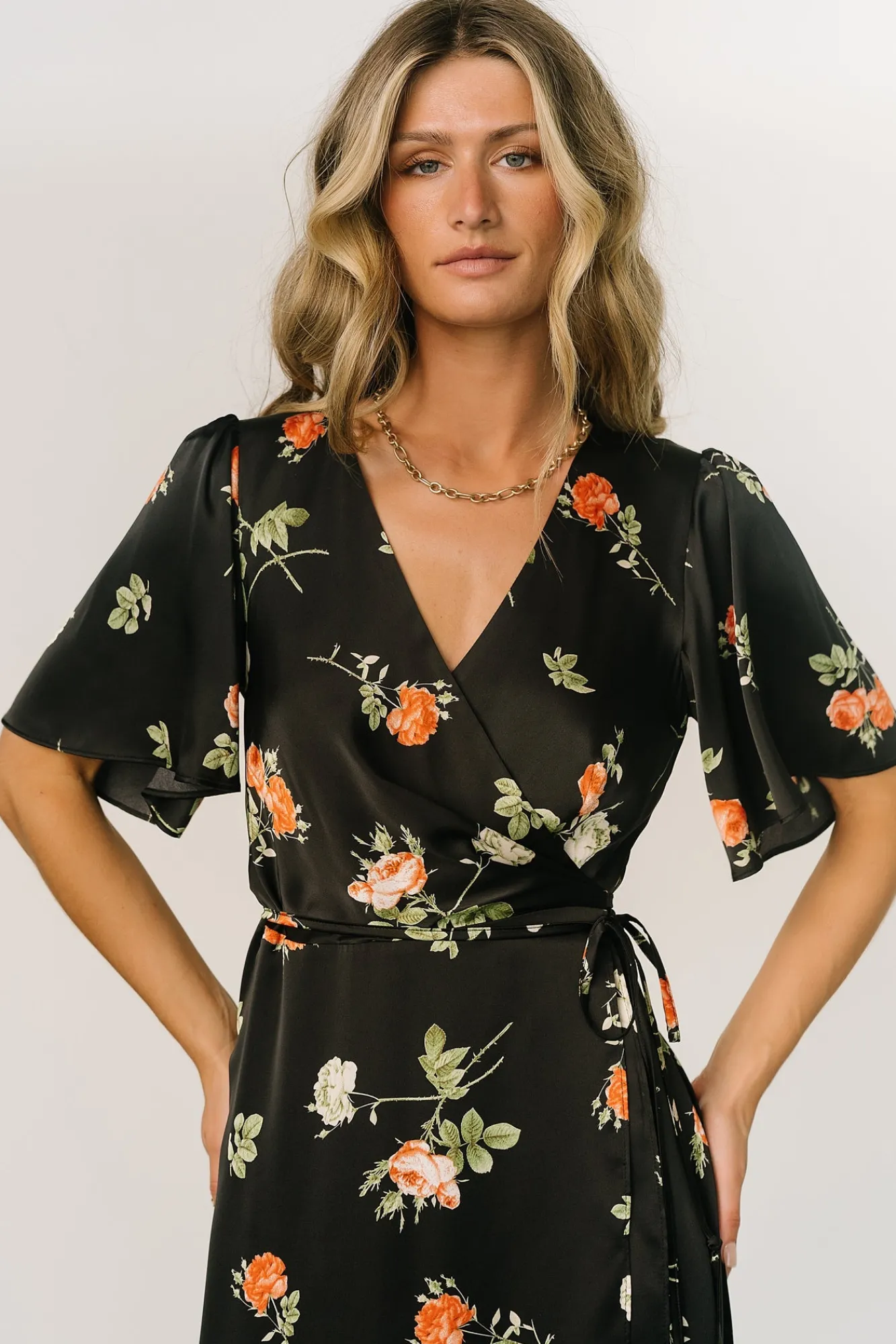 Baltic Born Amara Wrap Dress | Black + Coral Floral