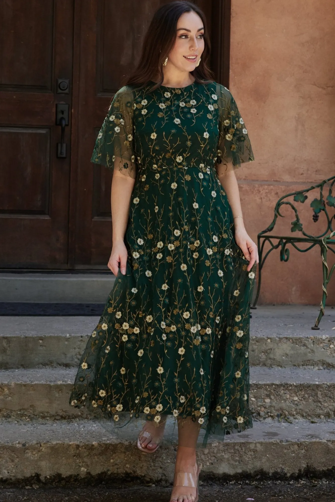 Baltic Born Arabella Embroidered Tulle Maxi Dress | Dark Green Floral