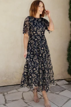 Baltic Born Arabella Embroidered Tulle Maxi Dress | Navy + Gold