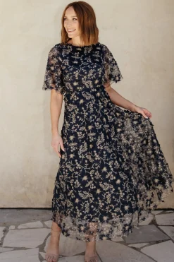 Baltic Born Arabella Embroidered Tulle Maxi Dress | Navy + Gold