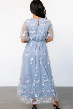 Baltic Born Arabella Embroidered Tulle Maxi Dress | Light Blue + Blush