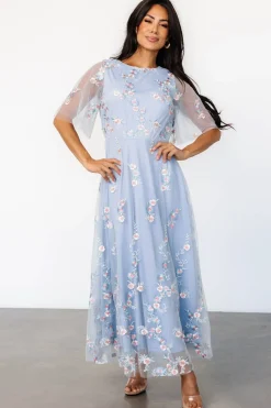 Baltic Born Arabella Embroidered Tulle Maxi Dress | Light Blue + Blush