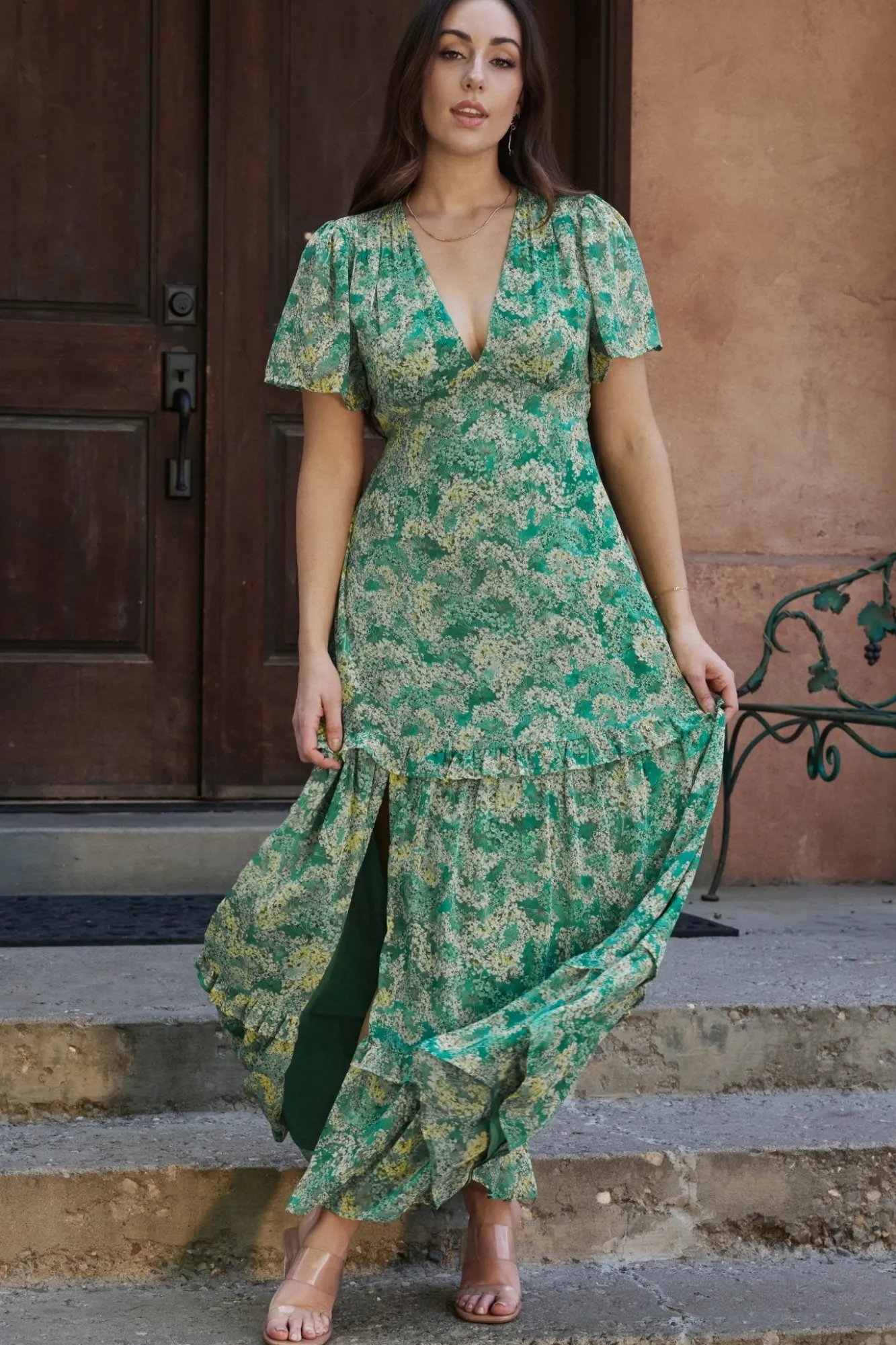 Baltic Born Audrey Deep V Maxi Dress | Green Floral