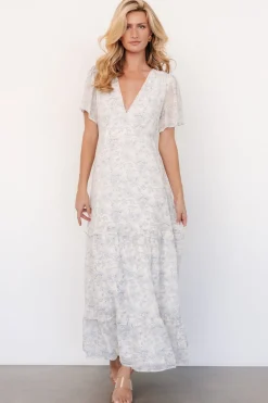 Baltic Born Audrey Deep V Maxi Dress | Off White + Blue Floral