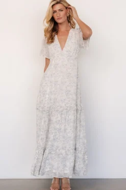 Baltic Born Audrey Deep V Maxi Dress | Off White + Blue Floral