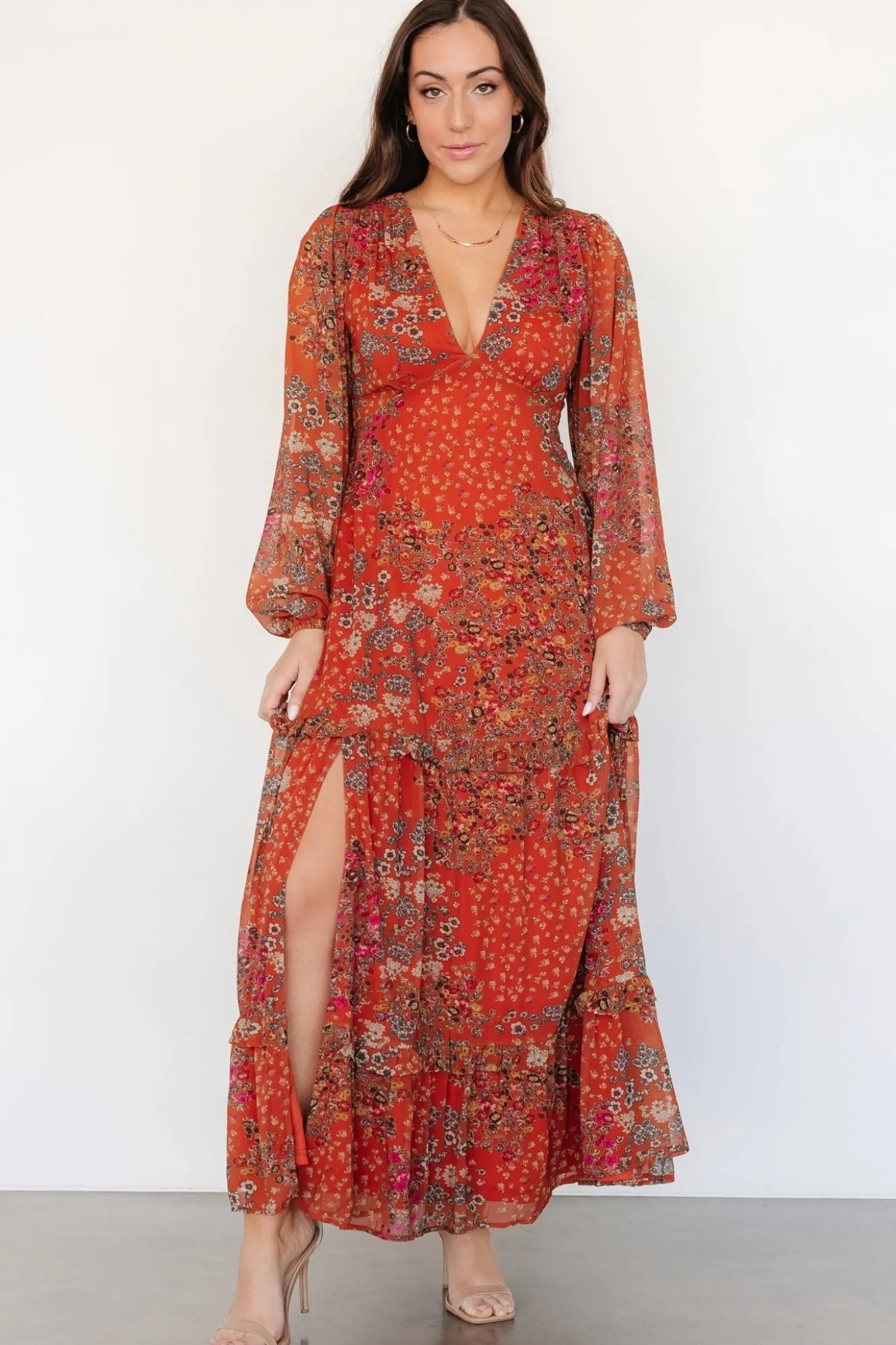 Baltic Born Bowman Deep V Maxi Dress | Rust Multi