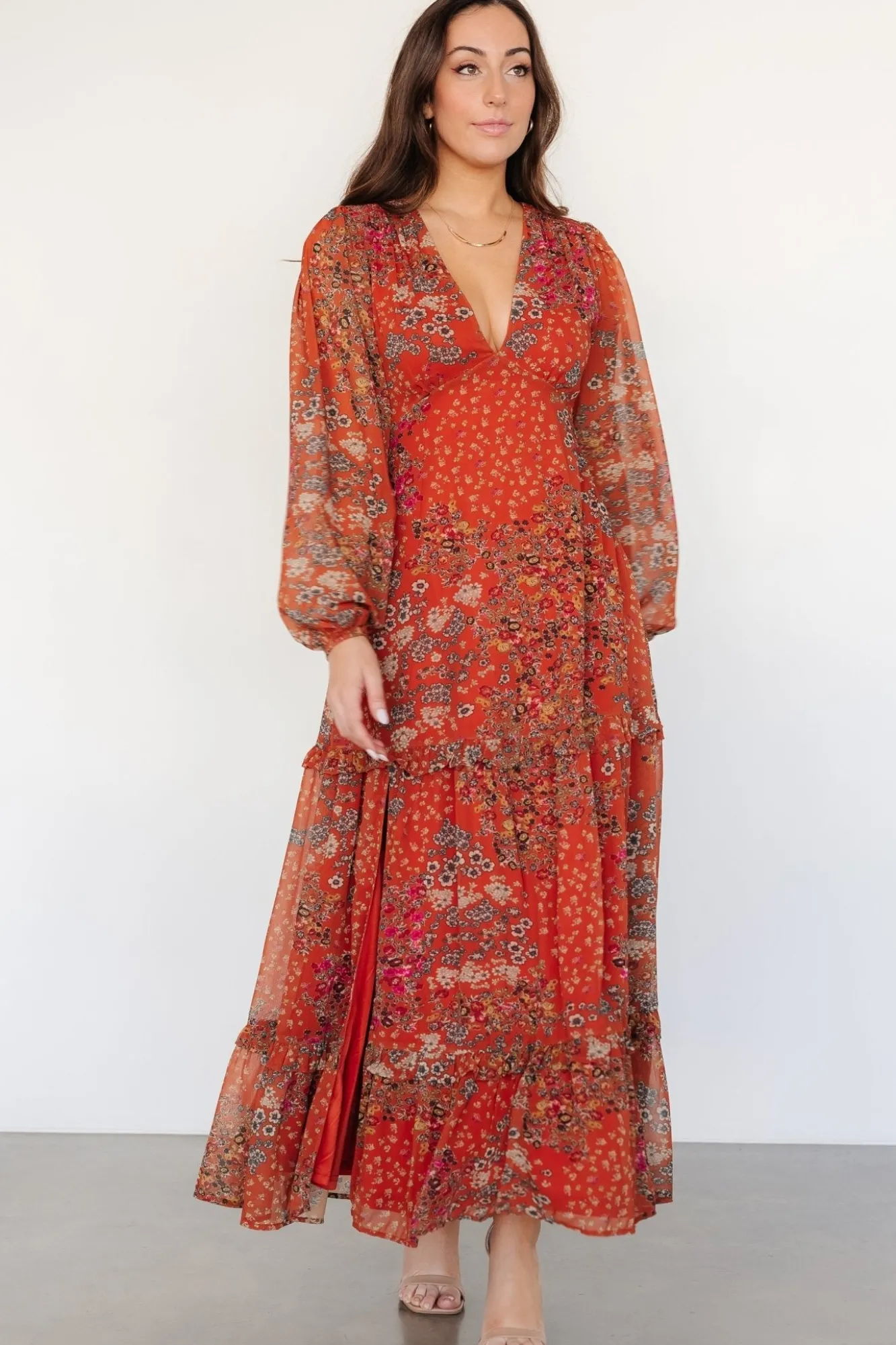 Baltic Born Bowman Deep V Maxi Dress | Rust Multi