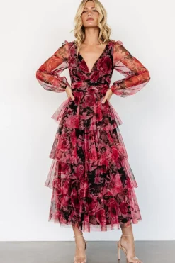 Baltic Born Carolina Tulle Tiered Maxi Dress | Red + Black Floral