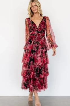 Baltic Born Carolina Tulle Tiered Maxi Dress | Red + Black Floral
