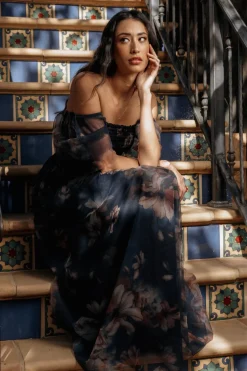 Baltic Born Cassandra Tulle Maxi Dress | Dark Blue Floral
