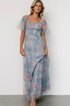 Baltic Born Cassandra Tulle Maxi Dress | Light Blue + Pink Floral