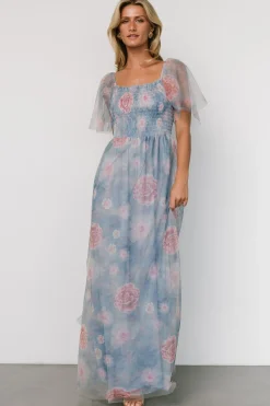 Baltic Born Cassandra Tulle Maxi Dress | Light Blue + Pink Floral
