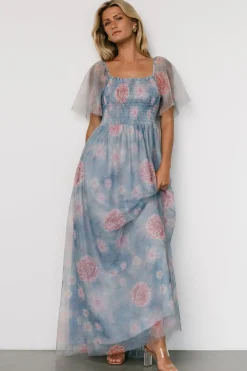 Baltic Born Cassandra Tulle Maxi Dress | Light Blue + Pink Floral