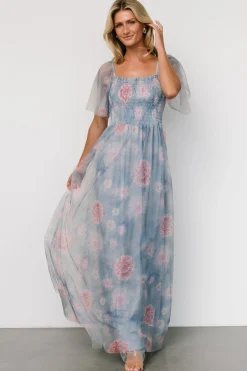 Baltic Born Cassandra Tulle Maxi Dress | Light Blue + Pink Floral