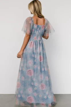 Baltic Born Cassandra Tulle Maxi Dress | Light Blue + Pink Floral