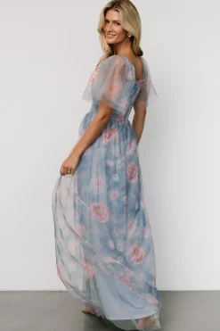 Baltic Born Cassandra Tulle Maxi Dress | Light Blue + Pink Floral