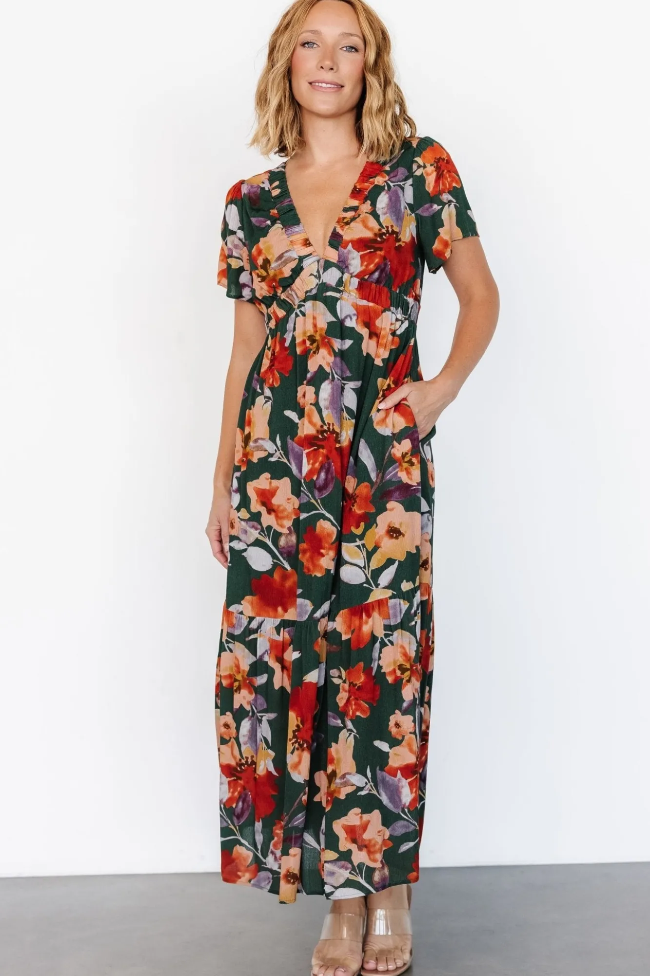 Baltic Born Cassie Short Sleeve Dress | Dark Green Floral
