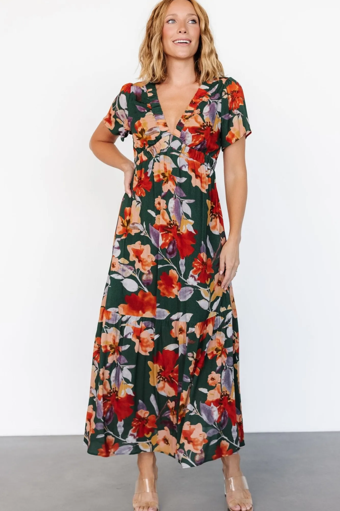 Baltic Born Cassie Short Sleeve Dress | Dark Green Floral