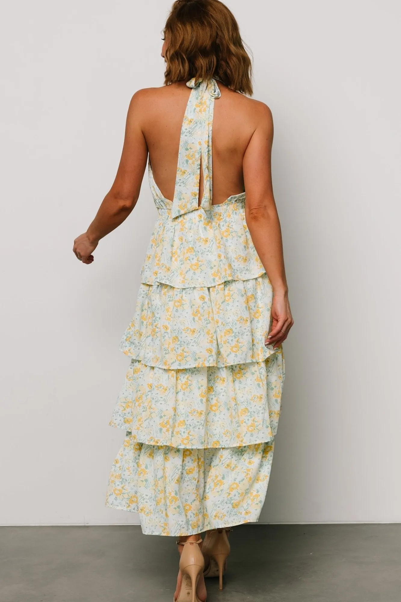 Baltic Born Chelles Halter Tiered Dress | Blue + Yellow