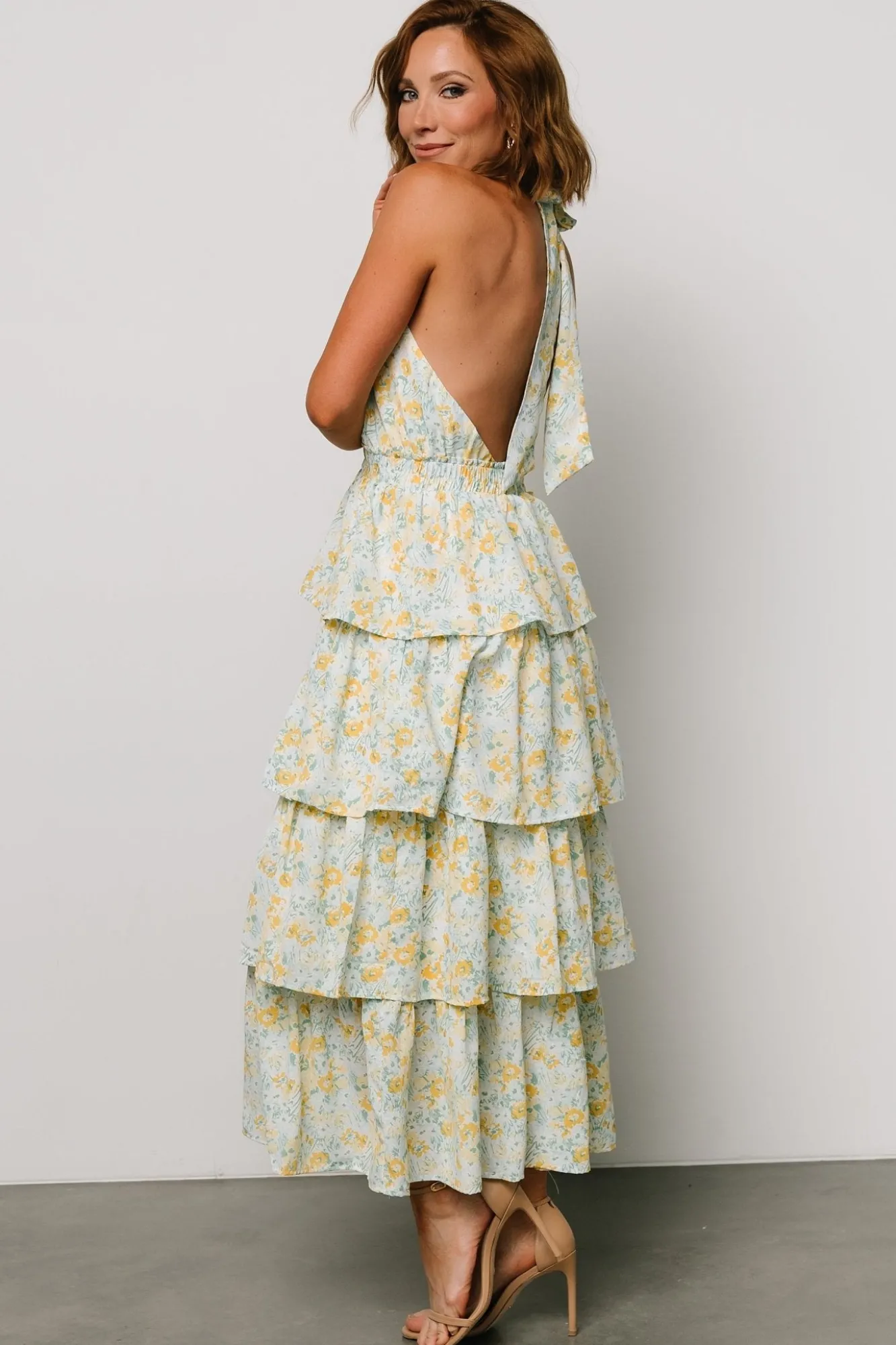 Baltic Born Chelles Halter Tiered Dress | Blue + Yellow