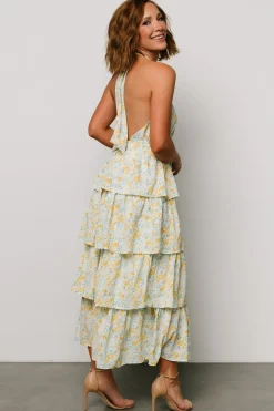 Baltic Born Chelles Halter Tiered Dress | Blue + Yellow