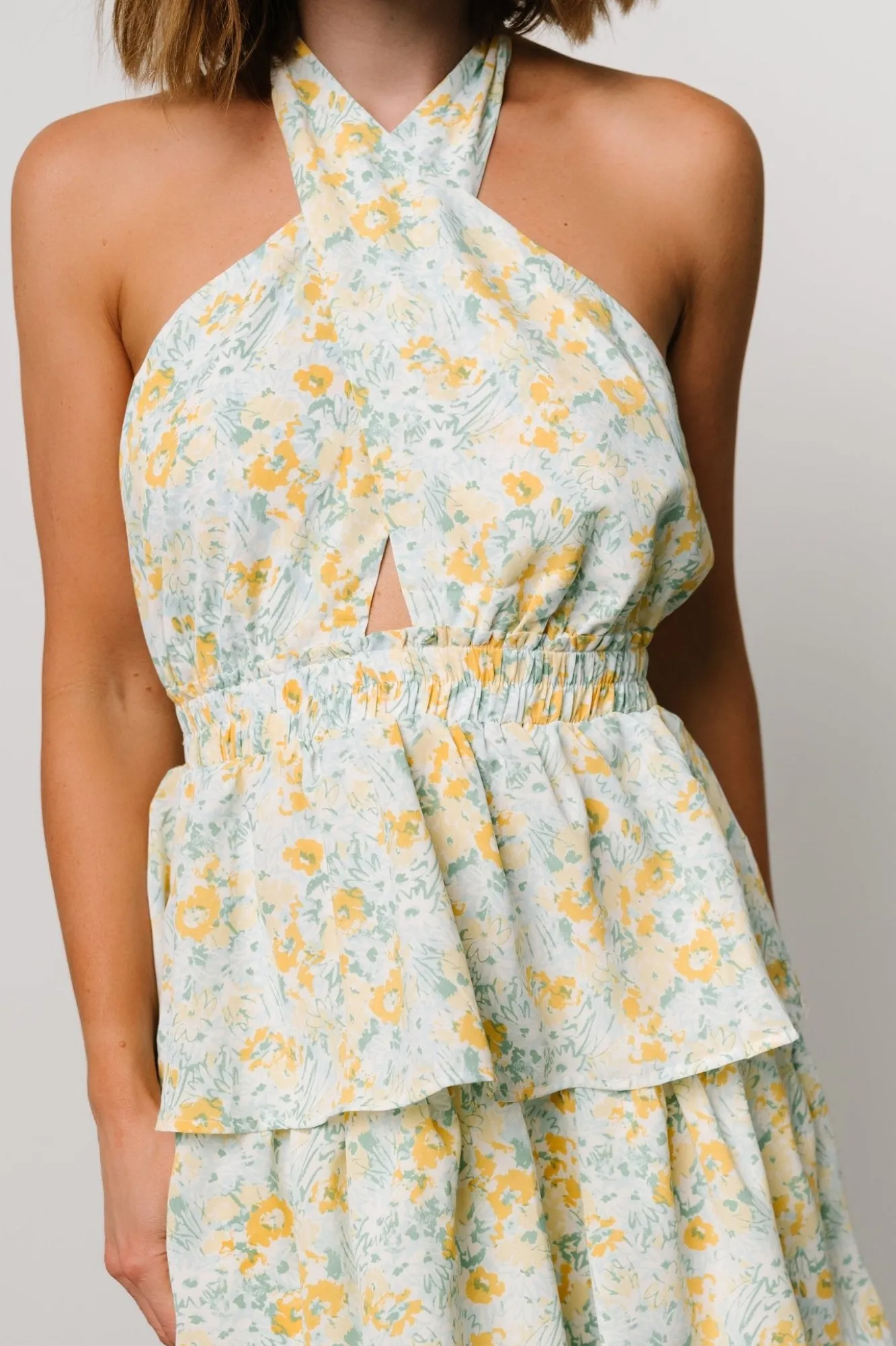 Baltic Born Chelles Halter Tiered Dress | Blue + Yellow