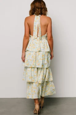 Baltic Born Chelles Halter Tiered Dress | Blue + Yellow