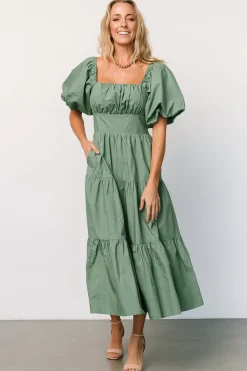 Baltic Born Cindy Puff Sleeve Tiered Dress | Dusty Green