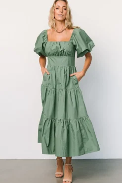 Baltic Born Cindy Puff Sleeve Tiered Dress | Dusty Green