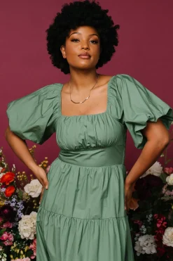 Baltic Born Cindy Puff Sleeve Tiered Dress | Dusty Green
